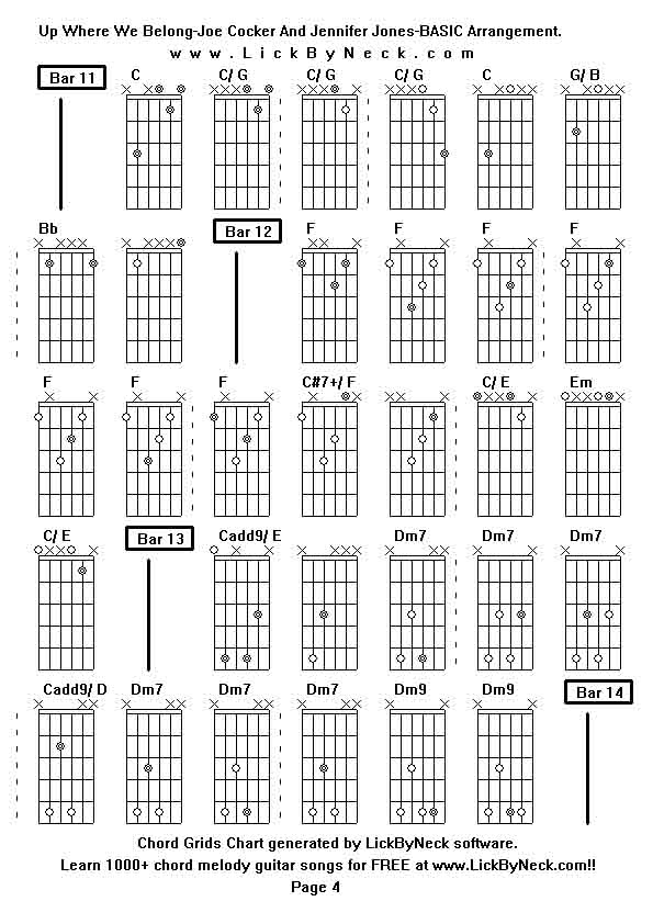 Chord Grids Chart of chord melody fingerstyle guitar song-Up Where We Belong-Joe Cocker And Jennifer Jones-BASIC Arrangement,generated by LickByNeck software.